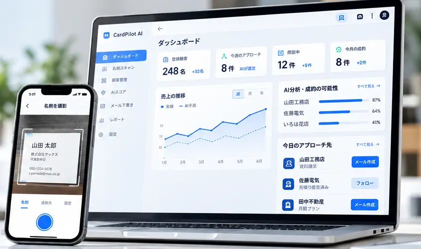 CardPilot AIのダッシュボードと名刺スキャン画面(開発中のイメージ)